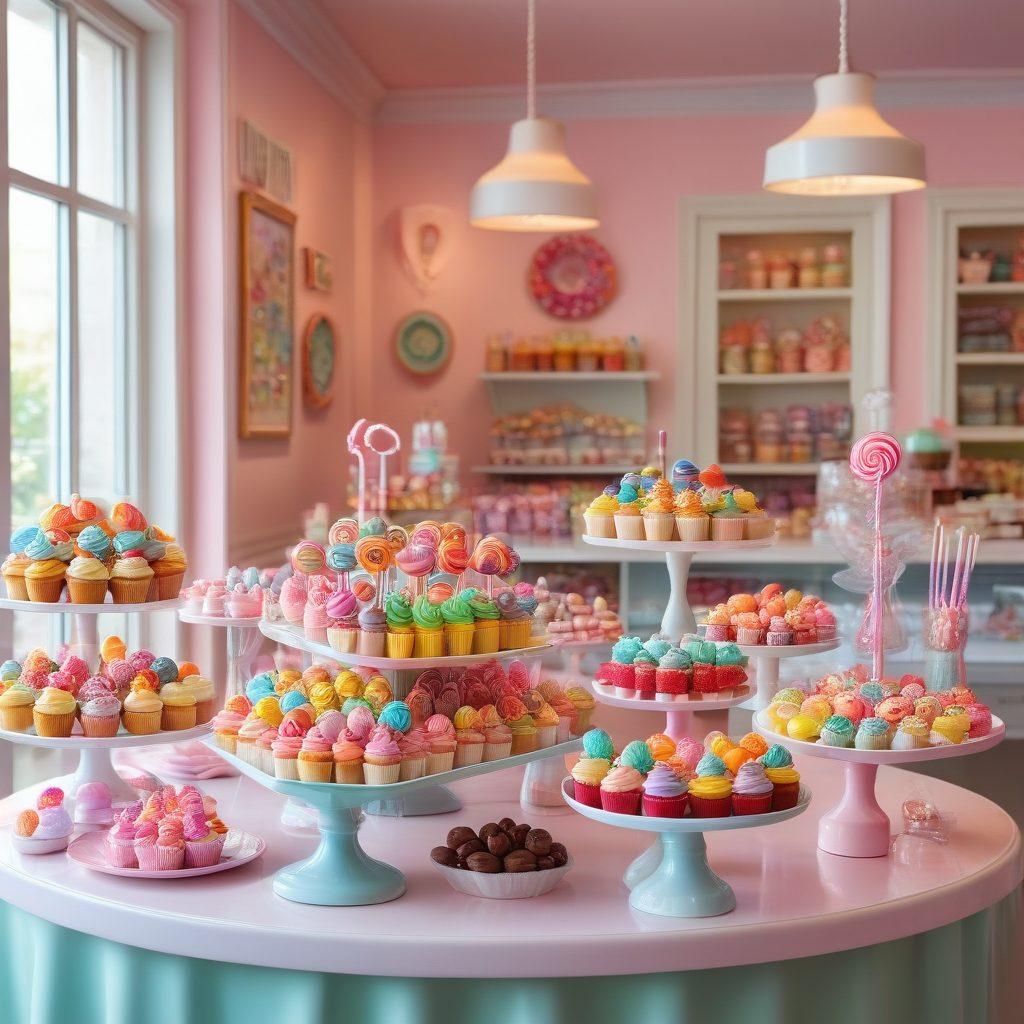 A whimsical display of an array of gourmet candies and delightful treats, featuring colorful lollipops, artisanal chocolates, and decorated cupcakes. The scene is set in a bright, inviting candy shop with pastel colors and playful decor. A cheerful candy maker is seen preparing sweets in the background, radiating warmth and joy. Magical sparkles float around, creating an enchanting atmosphere. vibrant colors. super-realistic. playful.