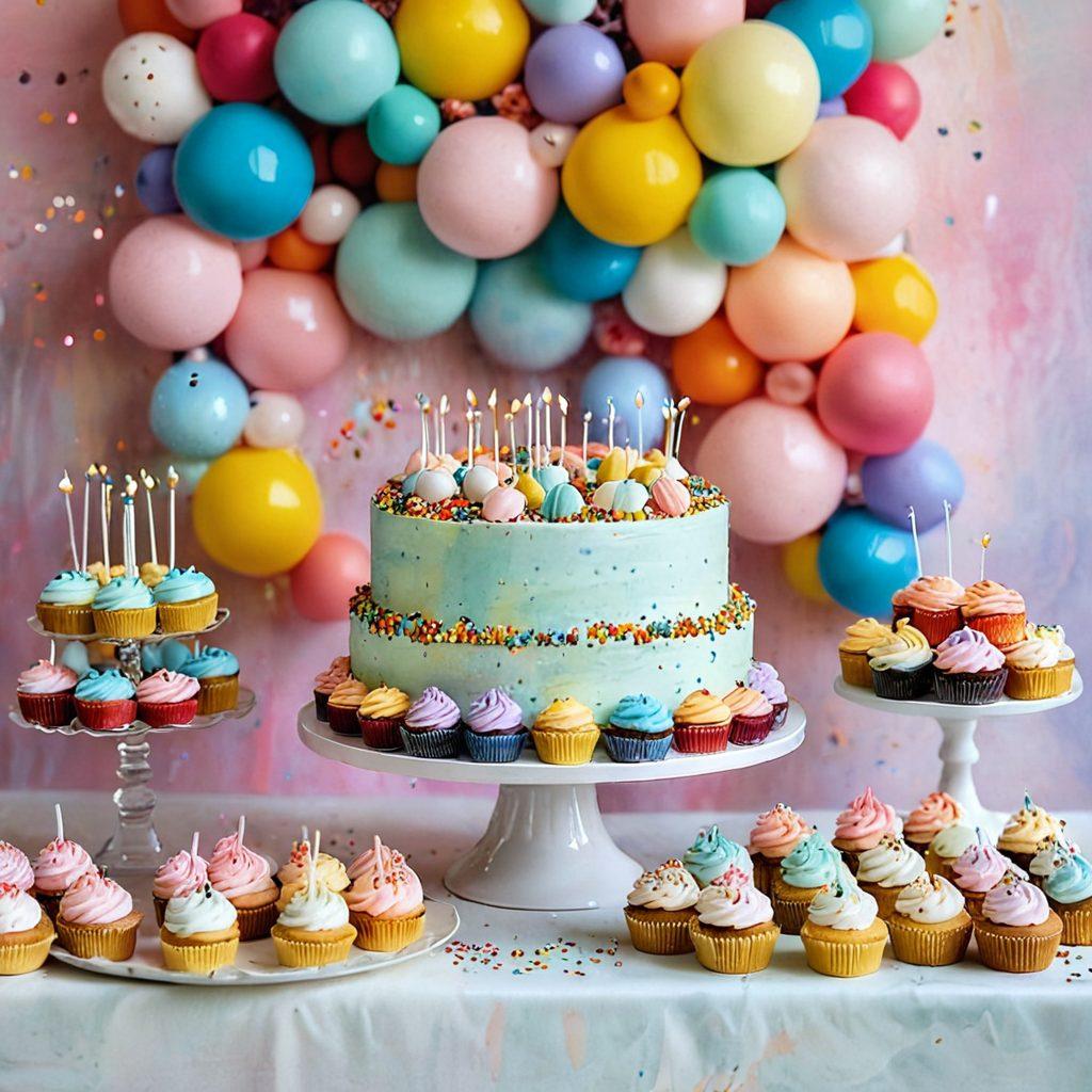 A decadent dessert table bursting with colorful treats, featuring elaborate cakes, cupcakes topped with sprinkles, and vibrant macarons. Surround the display with festive decorations, confetti, and party hats to evoke a sense of celebration. Soft, warm lighting enhances the inviting atmosphere, making the sweets look almost irresistible. Include a backdrop of pastel colors to give a dreamy effect. watercolor painting. vibrant colors.