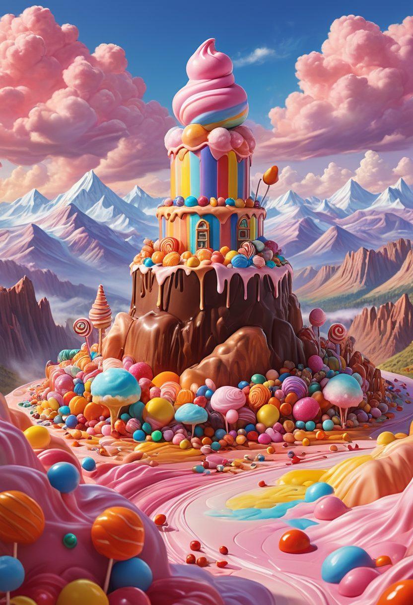 A colorful candy landscape featuring oversized lollipops, rich fudge mountains, and flowing chocolate rivers. A whimsical baker character joyfully crafting sweets under a bright candy-colored sky with fluffy clouds made of cotton candy. Include a variety of candy-making tools scattered around, enhancing the atmosphere of creativity and joy. Bright, inviting colors with a playful vibe. 3D, vibrant colors, cartoon style.